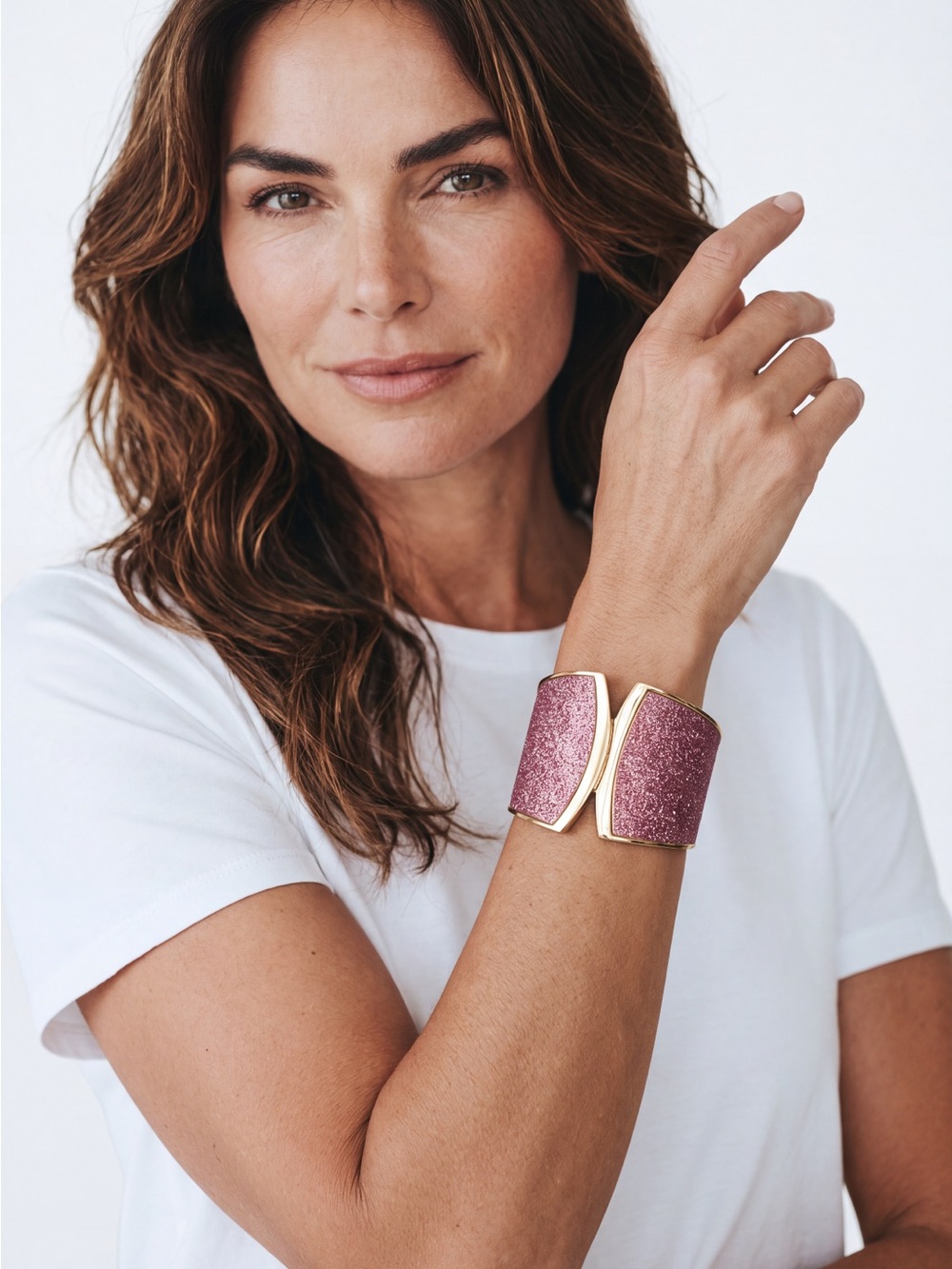 Gold-Trim Mauve Pink Glitter Cuff Bracelet